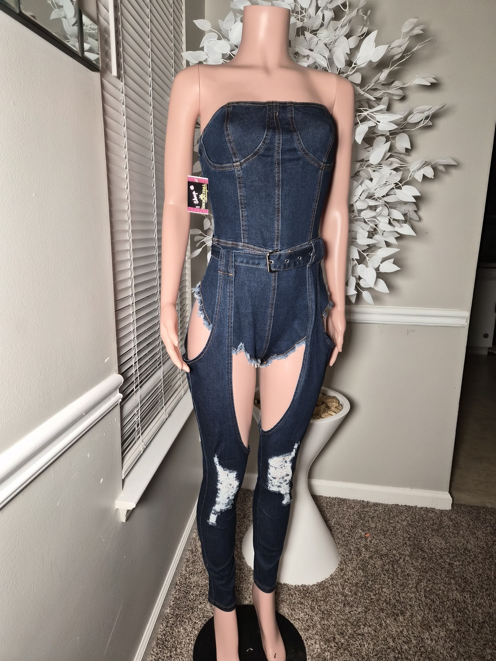 Strapless Dark Blue Denim Cutout Jumpsuit